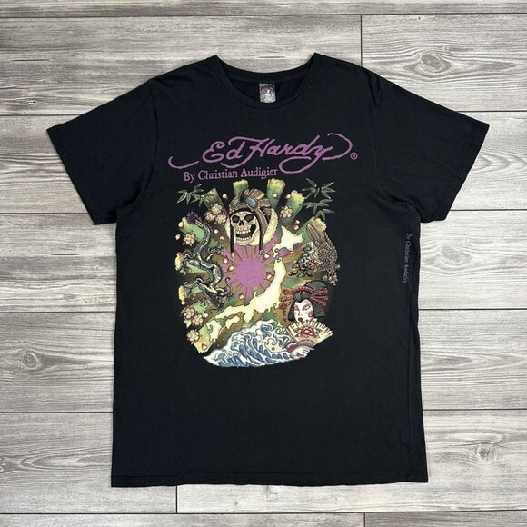 Crazy Y2K ED Hardy By Christian Audiger Kamikaze Skull Graphic T Shirt Grunge - Picture 1 of 5